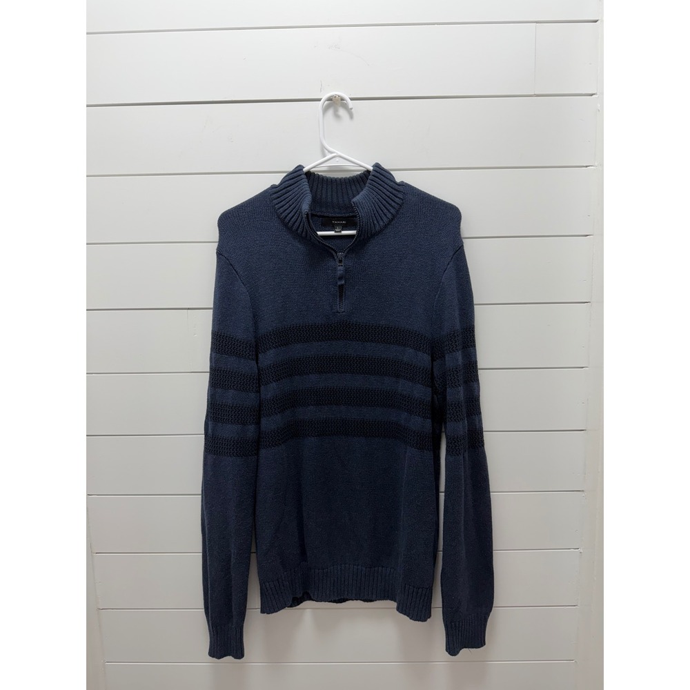 Tahari Mens Quarter Zip Pullover Striped Mock Neck Sweater Navy Size Large